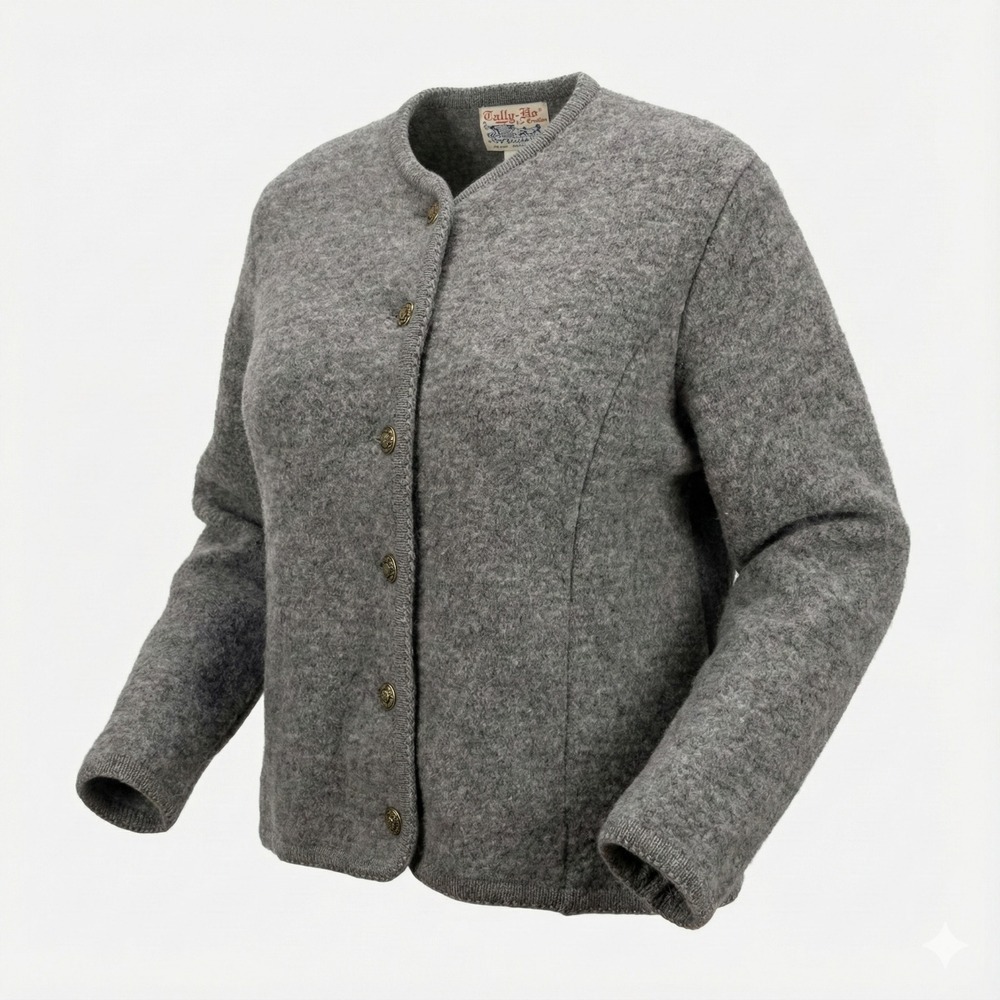 Vintage Tally-Ho Boiled Wool Cardigan Jacket Medium Gray Tyrolean‎ Metal Buttons